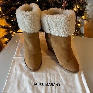 ISABEL MARANT | Tan & cream shearling & suede designer wedge winter ankle boot